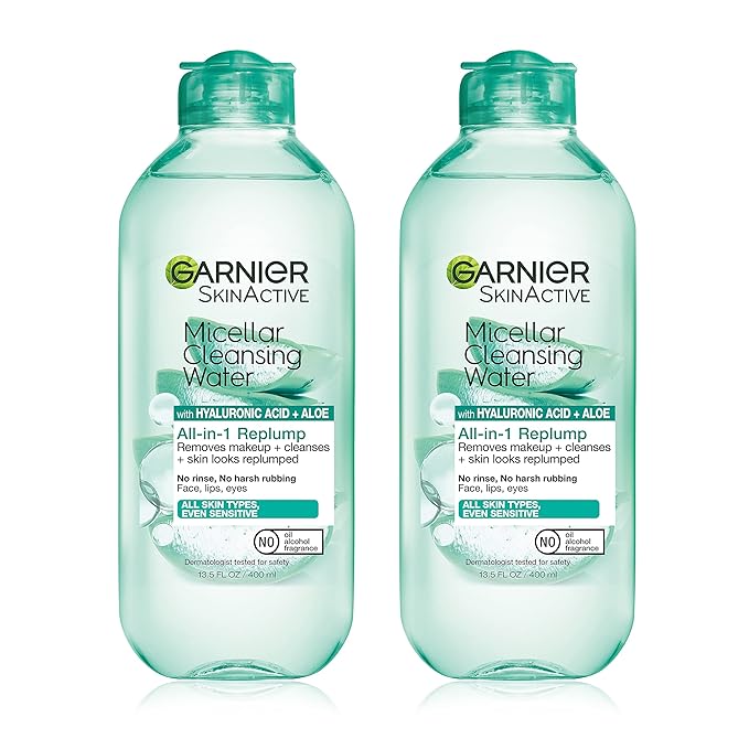 Garnier Micellar Water with Hyaluronic Acid, Facial Cleanser & Makeup Remover, Hydrating and Plumping, For All Skin Types, Vegan, Cruelty Free, 13.5 Fl Oz (400mL), 2 Count