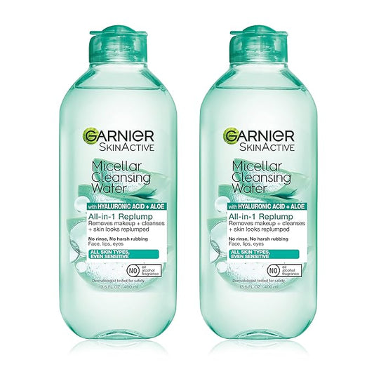 Garnier Micellar Water with Hyaluronic Acid, Facial Cleanser & Makeup Remover, Hydrating and Plumping, For All Skin Types, Vegan, Cruelty Free, 13.5 Fl Oz (400mL), 2 Count