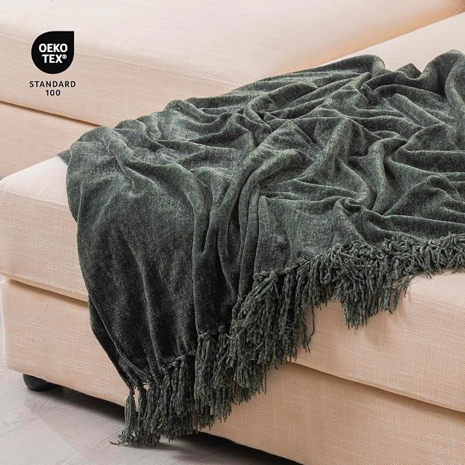 RECYCO Chenille Throw Blanket for Couch, 60"x80", Dark Green | Super Soft Knit Throw Blanket with Fringe Tassels, Lightweight Knitted Throw, Cozy, Ideal for Sofa Chair Bed Living Room Gift