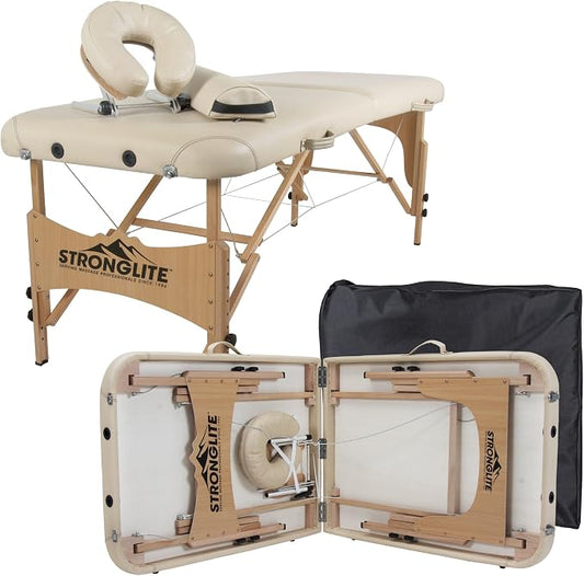 STRONGLITE Portable Massage Table Package Olympia - All-In-One Treatment Table w/ Adjustable Face Cradle, Pillow, Half Round Bolster & Carrying Case, Black