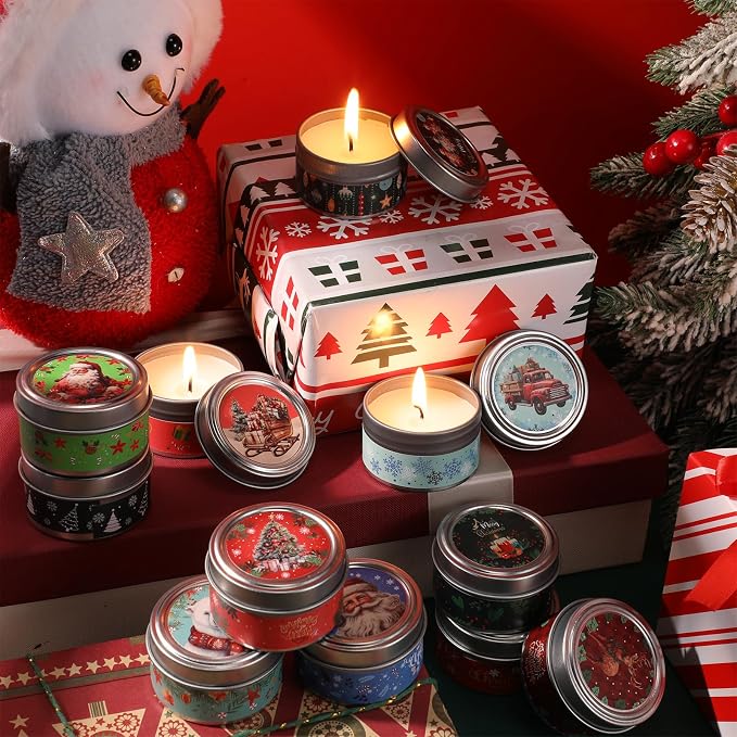 MTLEE 24 Sets Christmas Scented Soy Wax Candles Aromatherapy Candles with Organza Bag and Cards Bulk, Portable Travel Tin Candle Party Favors Christmas Gifts for New Year Home Supplies(Retro)