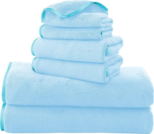 TENSTARS Luxury Silk Hemming Towel Set - Light Thin Quick Drying - 2 Bath Towels 2 Hand Towels 2 Washcloths - Ultra Soft Microfiber Towel for Bath Fitness, Sports, Yoga, Travel (Aquamarine 6 Pieces)
