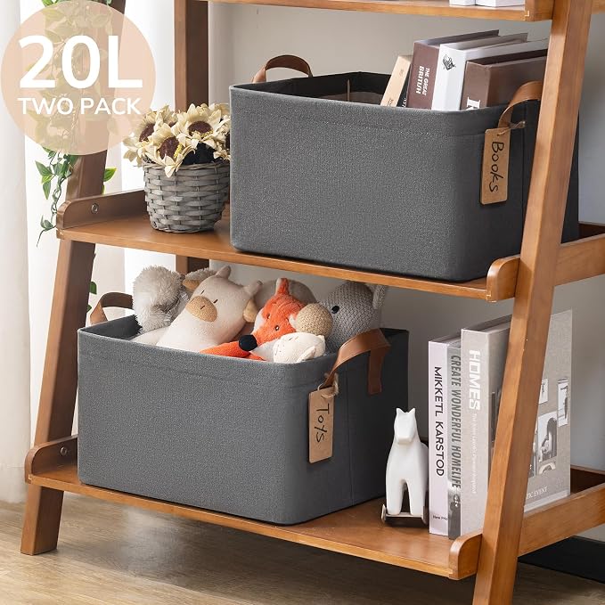 CHICVITA 20L Fabric Storage Baskets for Shelves, Metal Frame, 2-Pack, Grey | 14 ¾" L x 10 ¼" W x 8 ¼" H, Leather Handles, Clothes, Towels & Shoes Storage, Closet, Bedroom & Entryway Organization