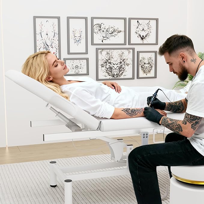 Professional Electric Massage Table, 2 Motors Hydraulic Electric Lift Adjustable Backrest and Height Lifting Functions for Treatment/Physical Therapy/Spinal Massage/Facial Spa/Waxing/Tattooing - White