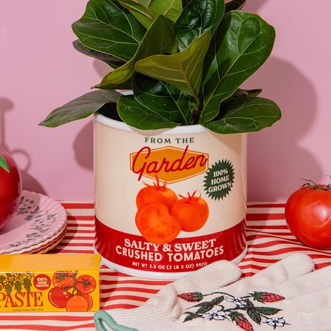 ban.do Vintage Inspired Ceramic Tomato Can Vase | Decorative Ceramic 5.7" x 6" Planter, Large Flower Vase and Utensil Holder, Unique Tomato Can Decor for Home and Kitchen