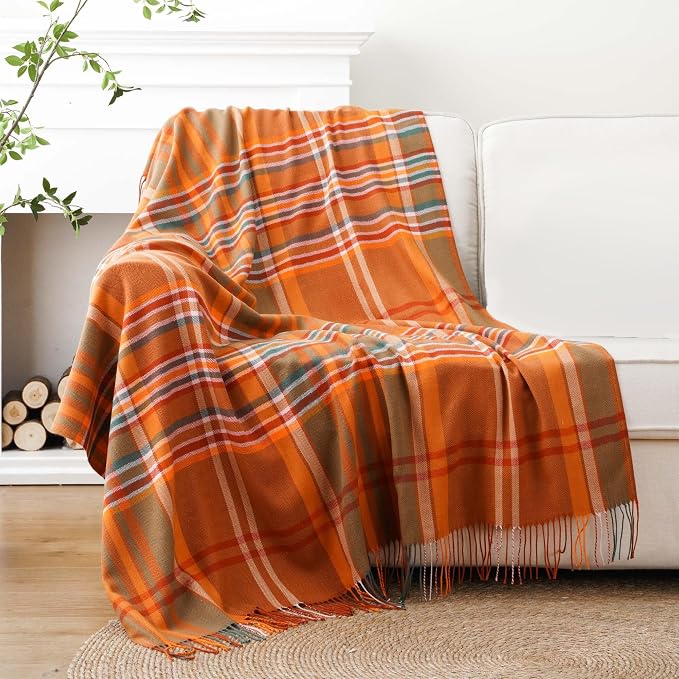 Orange Plaid Throw Blanket for Couch, Fall Throw Blanket 50"x60" Fall Decor | Lightweight Buffalo Plaid Blanket Throw, Soft Woven Throws with Tassels, Checkered Blanket for Bed, Sofa, Autumn, Home Decor