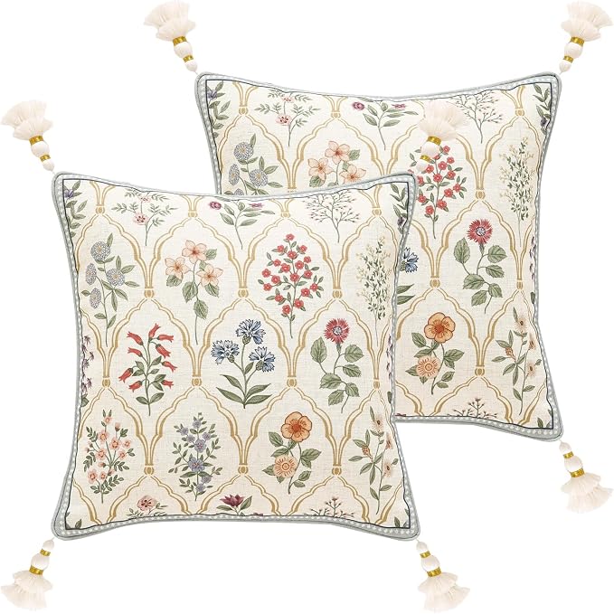 Designer Linen Throw Pillow Cover,Set of 2,18"x18"-Serenity B | Vintage Elegant Square Decor Pillow Cover,Concealed Zipper Design,Colorful Floral Pattern,Sofa,Bedroom,Living Room,Chairs