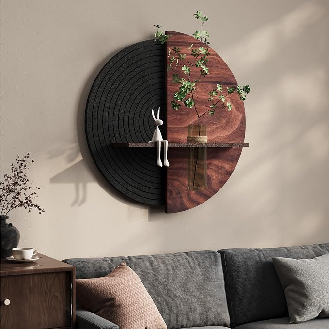 3D Textured Abstract Modern Black and Brown Round Wall Art Decor, 24x24 In | With shelf, Minimalist, Geometric circle, Artwork for walls, Sandstone textured, Living room, Dining room Hallway wall decor