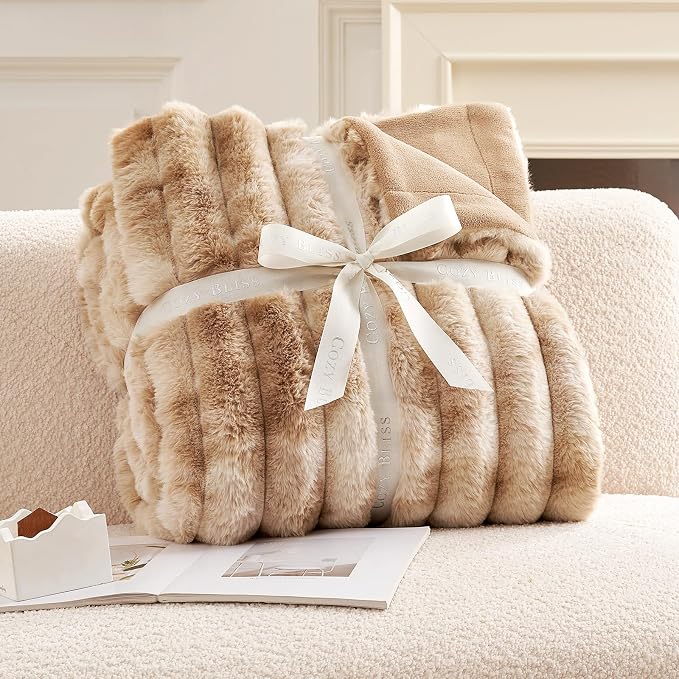 Cozy Bliss Faux Fur Throw Blanket for Couch, Cozy Warm Plush Striped Blanket for Sofa Bedroom Living Room, 90 * 90 Inches Tie-dye Khaki