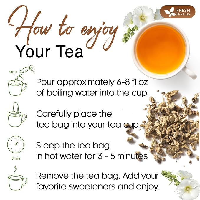 FreshDrinkUS, Premium 55 Marshmallow Root Tea Bags, 100% Natural & Pure from Marshmallow Root, Eco-Conscious Tea Bags, Herbal Tea. No Sugar, No Caffeine, No Gluten, Vegan.