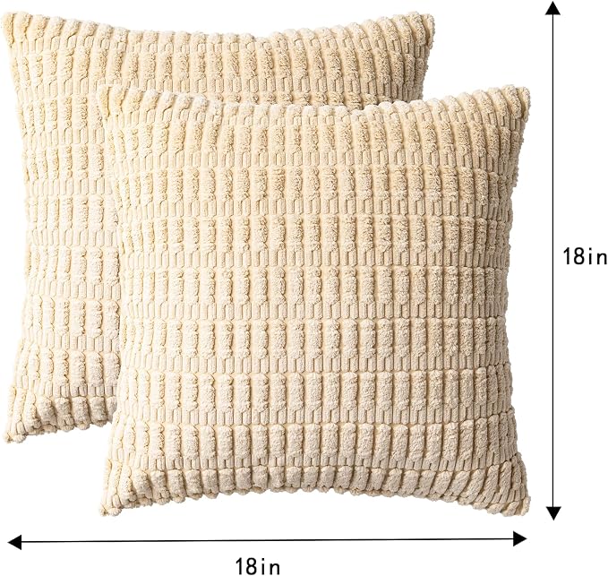Aegero Pack of 2 Corduroy Decorative Throw Pillow Covers 18x18 Inch, Beige | Fall Soft Striped Pillow Covers Modern Farmhouse Home Decor Christmas Throw Pillow Covers for Sofa Living Room Couch Bed