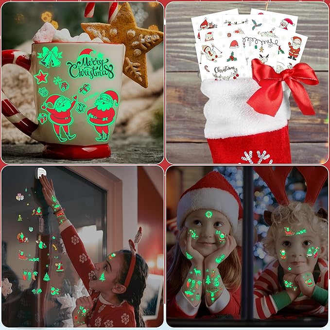 243PCS Christmas Tattoos for Kids, 12Sheets Christmas Party Favors, Luminious Xmas Tattoos Stocking Stuff, Xmas Stickers, Bulk Xmas Holiday Ugly Sweater Party Supplies Accessories Candy