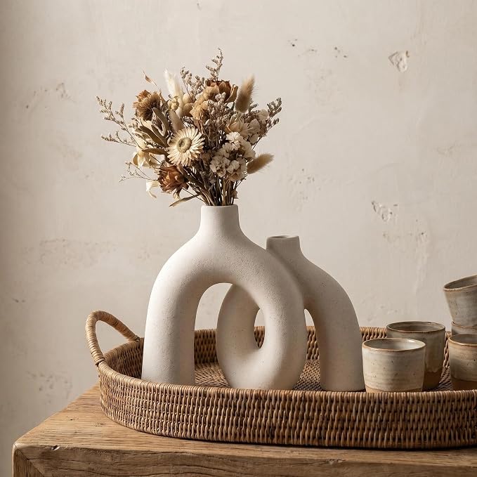 CEMABT Modern Nordic Boho Vase Set - Elegant Beige Matte Ceramic Vase for Living Room, Bookshelf, Mantel, Entryway Table & Console Decor | Home Decor Shelf Decorations Easter Gift