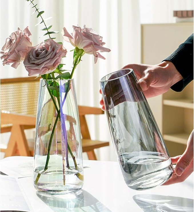 FANTESTICRYAN Modern Glass Vase, 8.7''H Decor Flower Vases, Crystal Grey | Crystal Black Colored Vase Fresh/Faux Floral Vases, For Home Office Table Centerpiece Decor Housewarming Gift for Lover