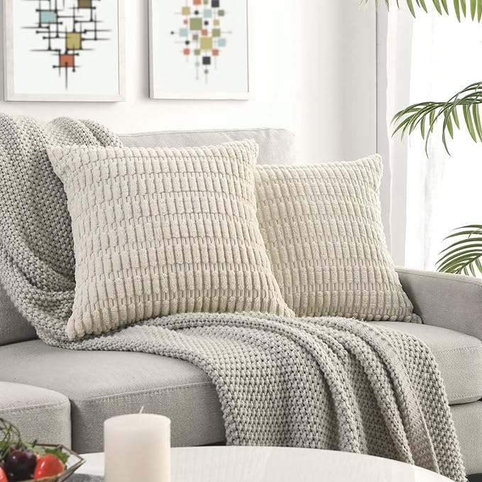 Volcanics Pack of 2 Cream Decorative Throw Pillow Covers 18x18 Inch, Soft Corduroy Striped Square Cushion Cases, Modern Farmhouse Boho Home Decor for Spring Couch Bed Sofa Living Room | Soft Corduroy Striped Square Cushion Cases, Modern Farmhouse Boho ...