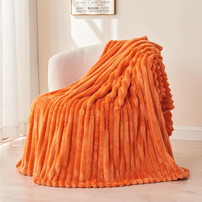 NEWCOSPLAY Fleece Ribbed Cozy Queen Blanket for Couch, Orange, 90"x90" | Premium Silky Flannel Blanket, Soft Lightweight Fluffy Throw Blanket for Bed Sofa Decor, Gift for All Season Use