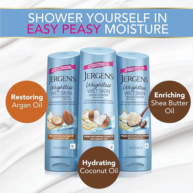 Jergens Wet Skin Body Lotion with Coconut Oil, In Shower Lotion for Dry Skin, Fast-Absorbing, Non-Sticky, Dermatologist Tested, 10 Ounce (Pack of 4)
