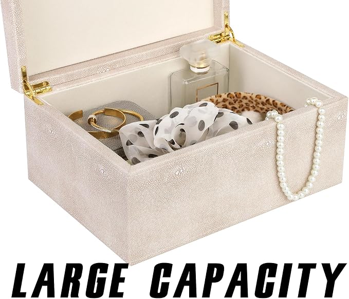 HofferRuffer Faux Leather Decorative Box, Large Wooden Structure Keepsake Box Accessory Organizer Jewelry Organizer with Hinged Lid, Storage Container for Home or Office (LightGrey Shagreen)