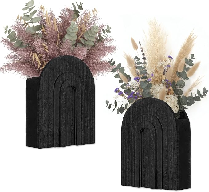 2 Pack Black Wooden Wall Vase for Pampas Grass and Dried Flowers | Wall hanging vase set for faux greenery and eucalyptus; black boho wall decor for bedroom, hallway, entryway or living room