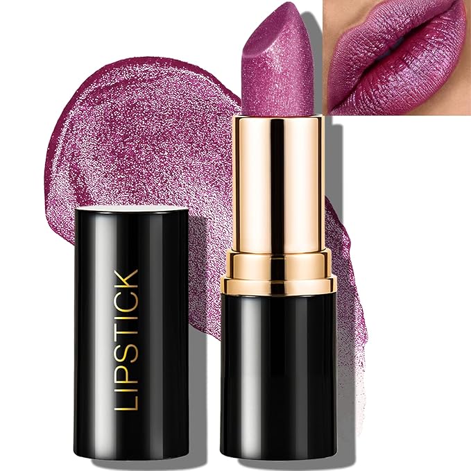 Glitter Lipstick Purple Shimmer, Metallic Lip Stick Long Lasting Waterproof Pearl Diamond Cream Lipstick Makeup Sparkle High Pigmented Shine Moisturizing Lip Balm Non Stick Cup for Women