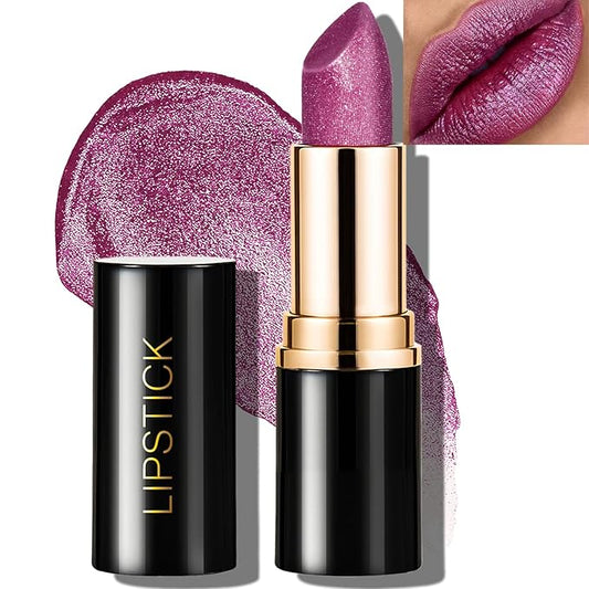 Glitter Lipstick Purple Shimmer, Metallic Lip Stick Long Lasting Waterproof Pearl Diamond Cream Lipstick Makeup Sparkle High Pigmented Shine Moisturizing Lip Balm Non Stick Cup for Women