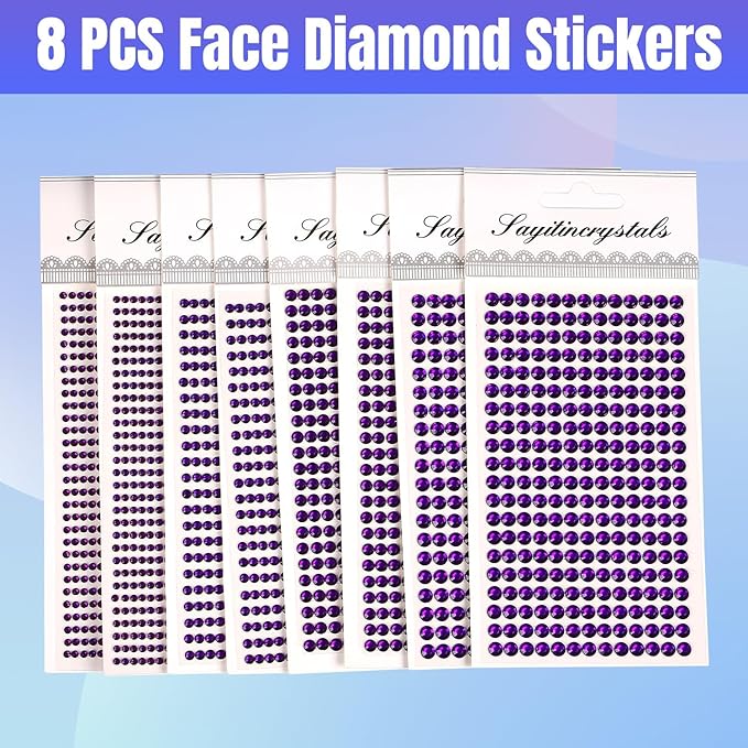 8 Sheets Rhinestone Stickers，3584 Pcs Gem Stickers for DIY Face Eyes Makeup Hair（Deep Purple-3/4/5/6mm）