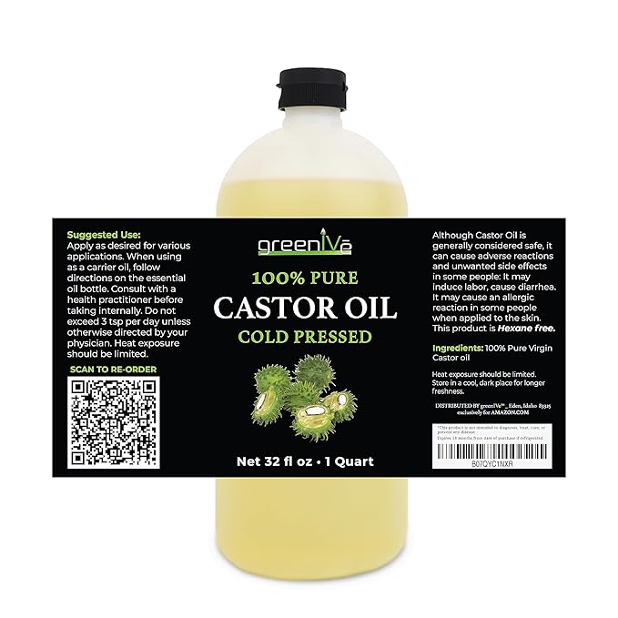 GreenIVe 100% Pure Castor Oil – Cold-Pressed, Hexane-Free – Hair, Eyebrows, Eyelashes, Skin Moisturizer, Castor Pack Wrap Oil Bulk Bottle (32 Fl oz)