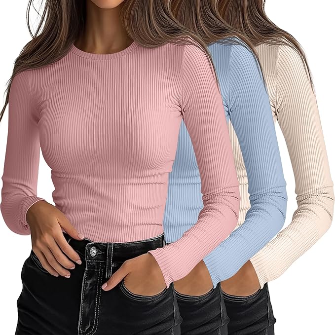 Ficerd 3 Pack Women's Ribbed Long Sleeve Tops, Crew Neck Slim Fit Undershirts Knit Basic Casual Stretch Layering Tee Shirts