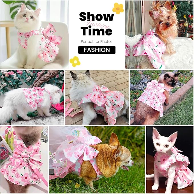 ABRRLO Cute Dog Dress Small Dog Clothes For Girls Female Puppy Outfits Pink Floral Pet Summer Clothes Bowknot Doggy Cat Princess Dress Harness Set for Holiday Birthday Party Costume Clothing (Pink,XS)