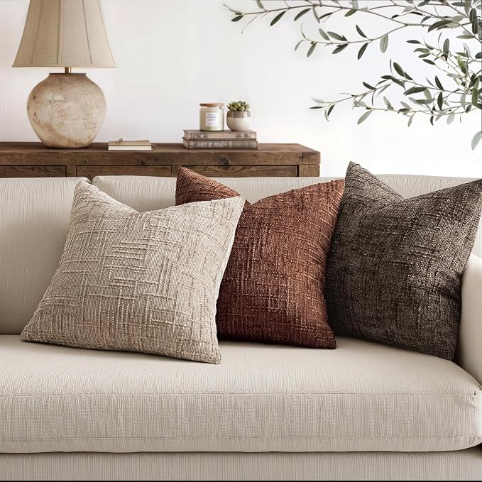 MIULEE Chenille Textured Throw Pillow Covers Oatmeal 20x20 Set of 2 | Slubby Decorative Pillows, Boho Farmhouse Home Decor, Modern Neutral Cushion Covers for Couch Sofa Bed Living Room