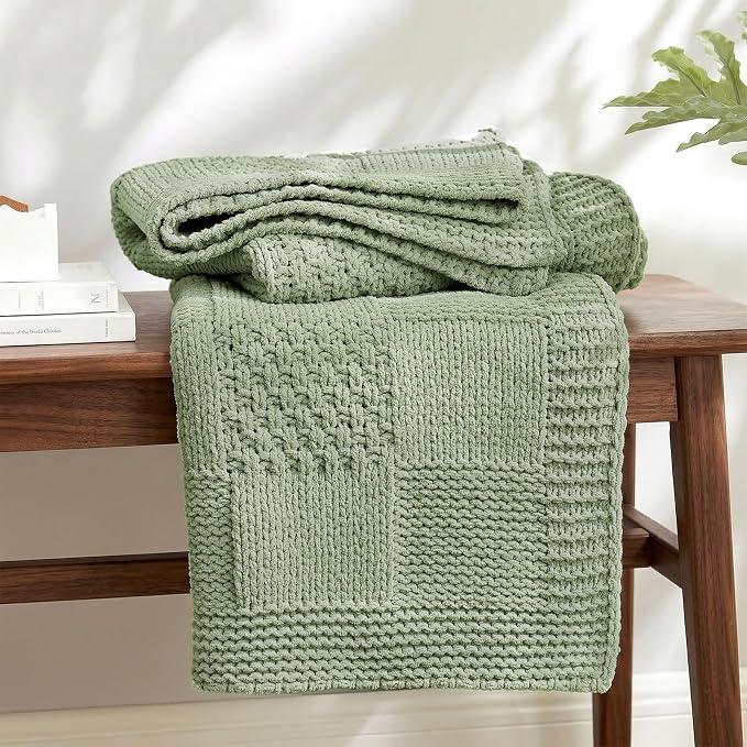 Knit Throw Blanket, Soft Chenille Cozy Breathable Checkered Chunky Decorative Blanket for Couch, Bed & Sofa, French-Inspired Lightweight Warm Gift for Women, Sage Green, 60"x80"