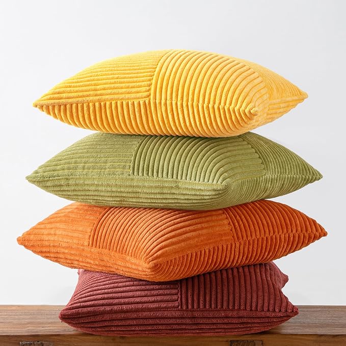 MIULEE Fall Yellow Orange Rust Throw Pillow Covers 20x20 Inch 4 Packs Boho Farmhouse Decorative Color-Clash Pillow Cases Soft Cushion Cases for Couch Sofa Bed Corduroy Striped Home Decor