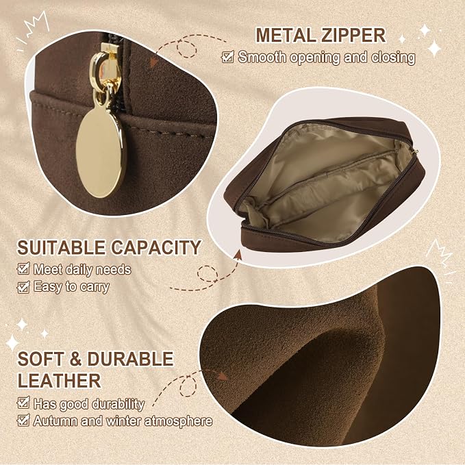 UIXIZQ Small Makeup Pouch for Purse, Suede Travel Toiletry Storage Pouch Cute Preppy Cosmetic Bag for Women Girls, Waterproof Makeup Organizer Skincare Bag Purse with Zipper (Small-Coffee)