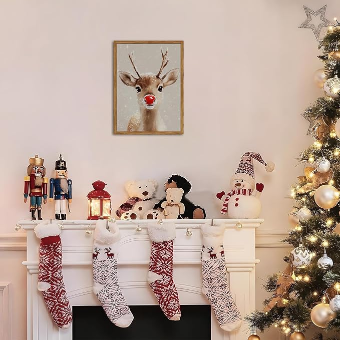 Framed Christmas Wall Art, Vintage Red Nose Reindeer Canvas Wall Decor Paintings, Rustic Winter Cute Deer Pictures Prints Farmhouse Home Decoration for Living Room Bedroom 16×24 inch