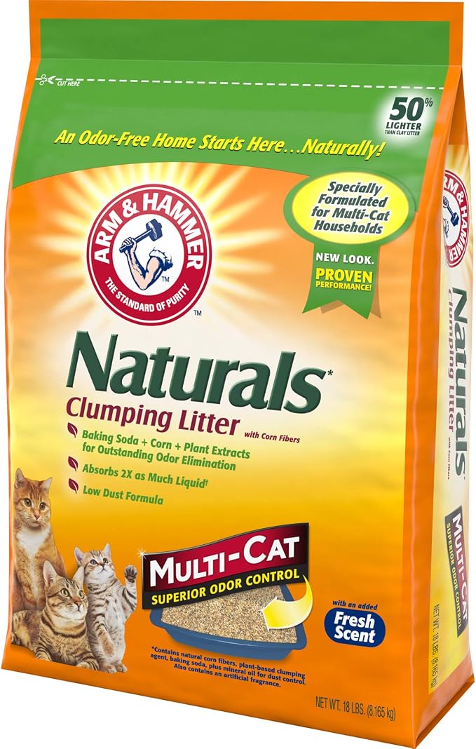 ARM & HAMMER Naturals Clumping Cat Litter, Multi Cat, 18 lbs | Plant-Based, Easy Scoop Clumps, Outstanding Odor Control, 2X Liquid Absorption, Low Dust, Lightweight Formula