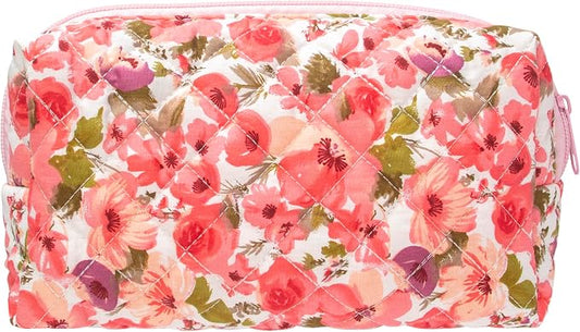 PAZIMIIK Small Quilted Makeup Bag,Zipper Cosmetic Pouch,Floral Red | Lightweight Cosmetic Bag Organizer for Women,Purse Storage Holds Makeup,Toiletries,Skincare,Beauty Essentials,Travel Items