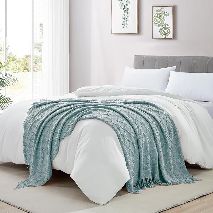 BOURINA Auqa Throw Blanket 50 x70 Inch Jacquard Throw Knitted Blanket | Jacquard Argyle Throw Textured Solid Soft Throws and Blankets for Sofa or Bed Knitted Decorative Blanket