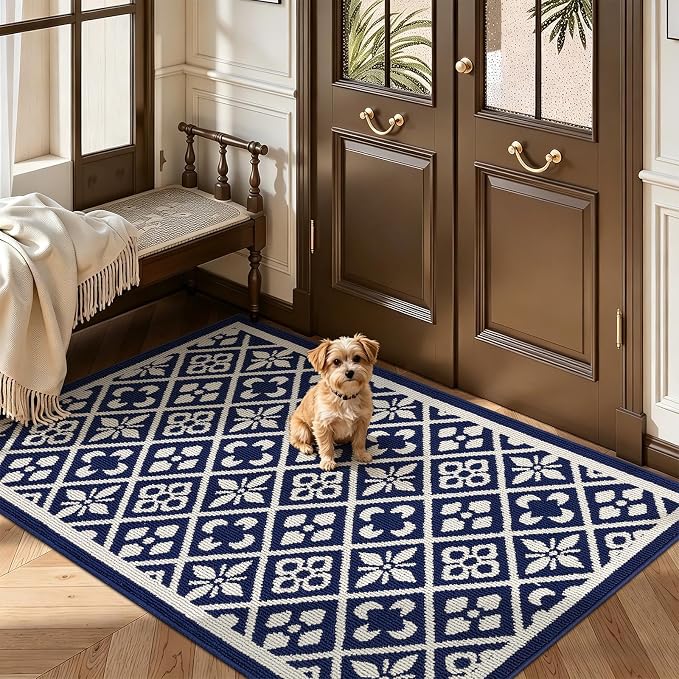 Ileading Indoor Door Mat 3x5ft, Absorbent Muddy Mats for Dogs, Low-Profile Entrance Large Welcome Mat with Non-Slip Rubber Backing, Washable Runner Carpet for Hallway,Entryway,Kitchen(Navy)