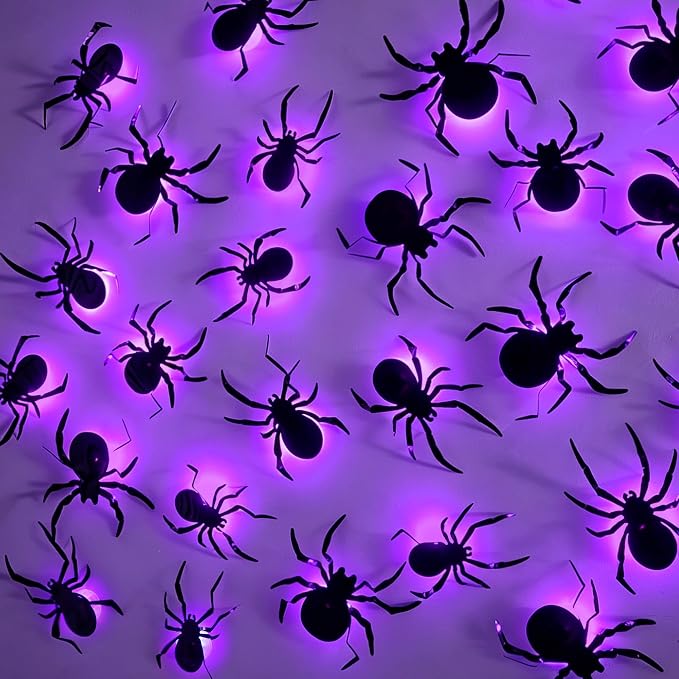 DR.DUDU 36 Pack Halloween Wall Decor Light up Spiders, Purple | 3D Spider Stickers, Removable Wall Decals, Assorted Sizes, PVC, Window Decorations, For Indoor Outdoor Bathroom Home Party