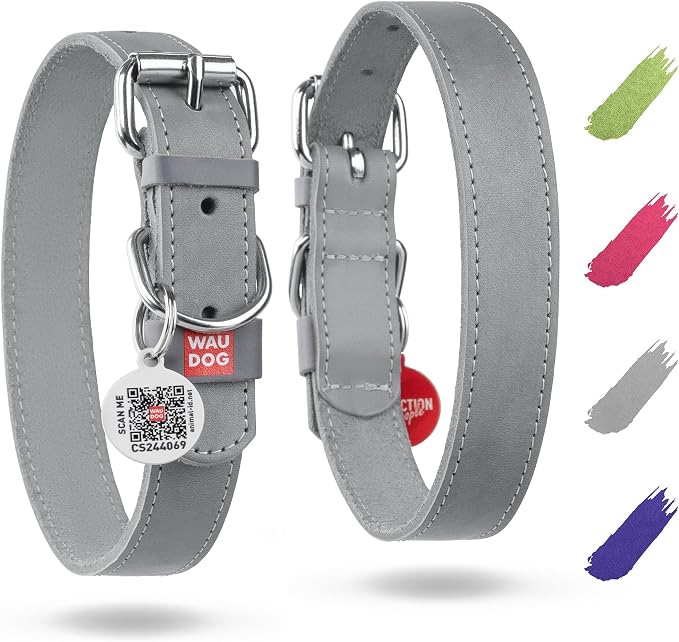 WAUDOG Long Lasting Leather Dog Collar for Large Dogs, Medium & Small Dogs - Adjustable Classic Puppy Collars for Large Breed Dogs - Boy & Girl Dog Collars with Durable Buckle, D-Ring & QR Dog Tag