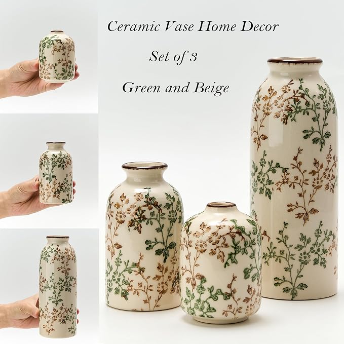 Green and Beige Antique Vase Set of 3, Vintage Chinoiserie Floral Vase, Rustic Ceramic Vase for Home Decor, Living Room, Bookshelf, Office, Entryway, Garden, Chinoiserie Decor, Tuscan Decor