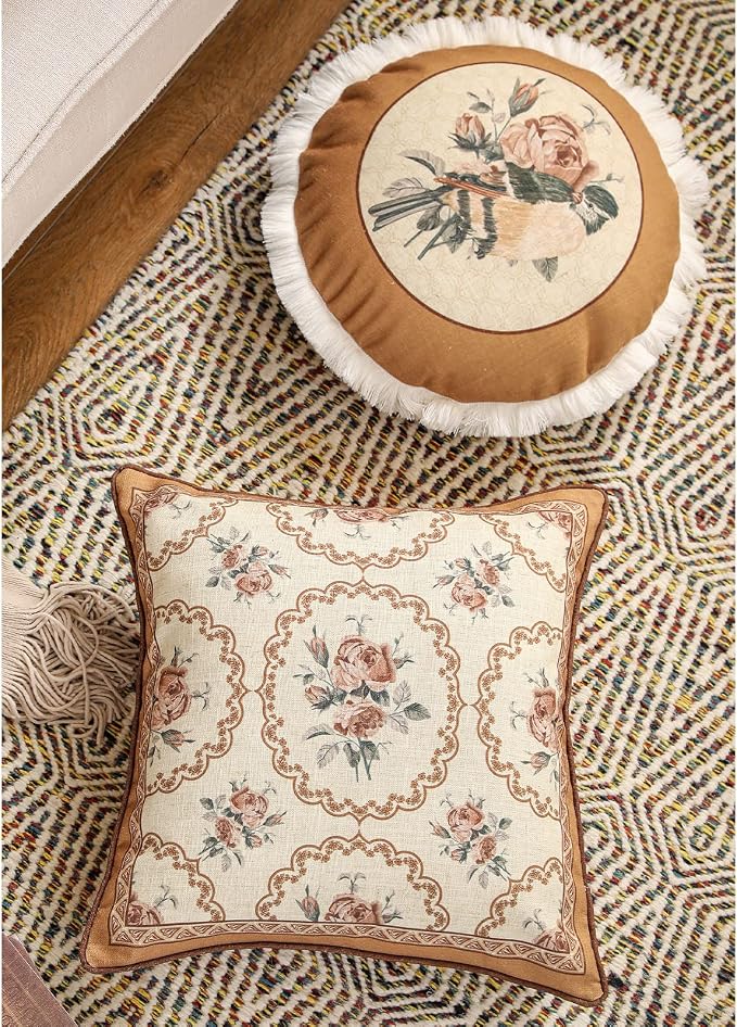 patdrea French Vintage Linen Throw Pillow Cover,18"x18"-ParkerEstate C | Decorative Pillow Case with Zipper,Bird and Floral Pattern,Cushion Coverfor Couch Living Room Bedroom Sofa