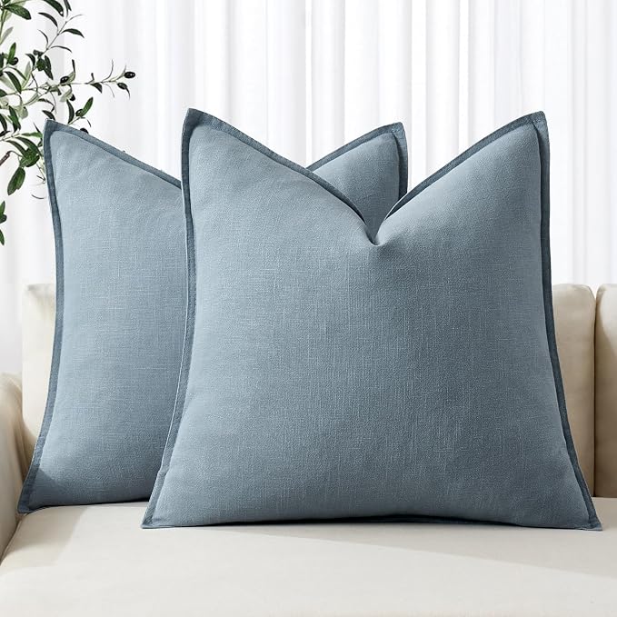 MIULEE Decorative Linen Euro Sham Pillow Covers 22x22 Inch Blue Grey | Boho Farmhouse Neutral Couch Throw Pillows for Bed, Pack of 2 Accent Coastal Modern Pillowcases, Sofa Livingroom Home Decor