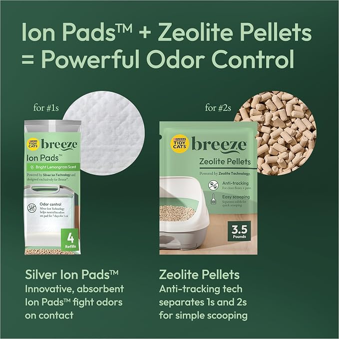 Purina Tidy Cats Breeze Cat Litter Box System Kit with Pellets & Pads | Cat litter box with scoop, plus Zeolite pellets and cat litter pads, easy-to-use kit for odor control