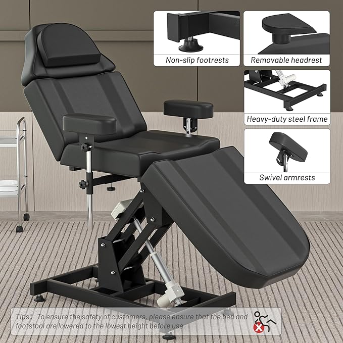 Fully Electric Tattoo Chair Bed for Client with 3 Motor & Adjustable Armrests Black Facial Beds for Esthetician w/Headrest for Spa