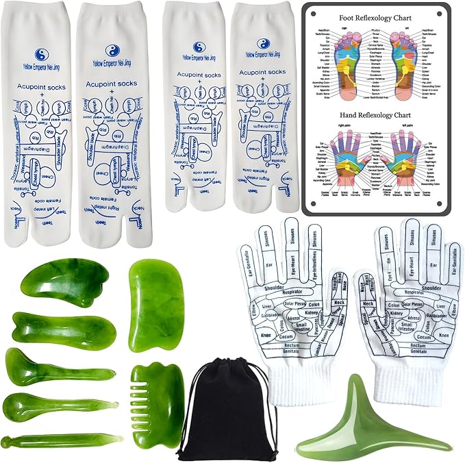 Reflexology Socks and Gloves Set with 8 Jade Massage Tools, 16 Pcs Acupressure Foot Massage Socks for Women & Men, Professional Foot Relief Massager Kit with Reflexology Chart & Bag