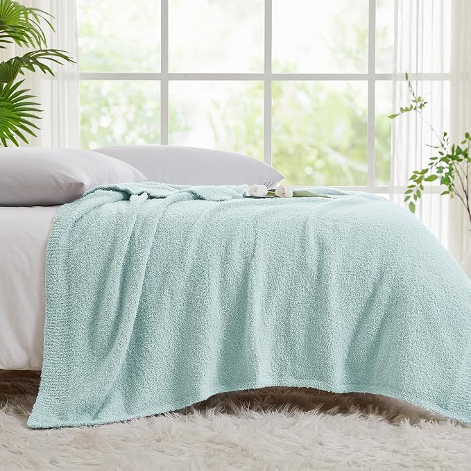 Knit Throw Blanket for Couch Sky Blue - Super Soft Lightweight Plush Fuzzy Fluffy Cozy Blankets and Throws for Sofa Bed, 60 x 80 inches