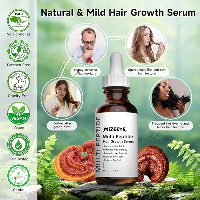 Hair Growth Serum for Thinning & Frizzy Hair, 30mL Vegan & Natural Multi Peptide Serum for Hair Growth, Suitable for Men & Women.