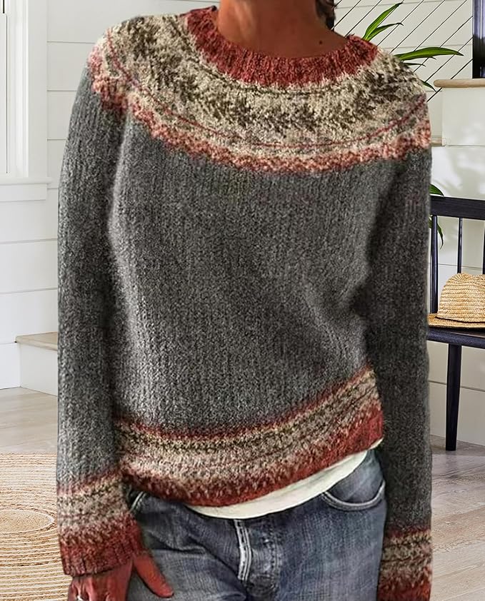 Zhyaj Fair Isle Sweater for Womens Winter Long Sleeve Vintage Knitted Sweater Casual Fall Crew Neck Pullover Sweaters