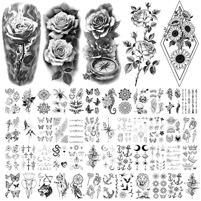 Yazhiji 92 Sheets Flower Temporary Tattoos For Women Arm Neck，Sunflower Serpent Peony Floral Rose Long Lasting Fake Tattoos For Adults Girl, Large Sexy Flowers Collection Waterproof Temporary Tattoos